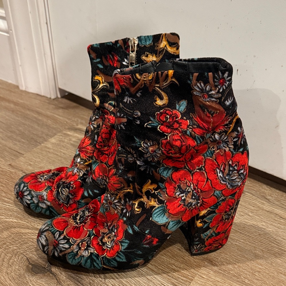 Steve Madden Red Floral Velvet Ankle Booties